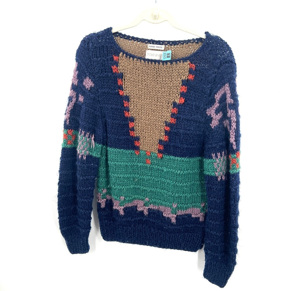 vintage‎ Point of View Hand made knit sweater geometric 80s 90s boat neck L